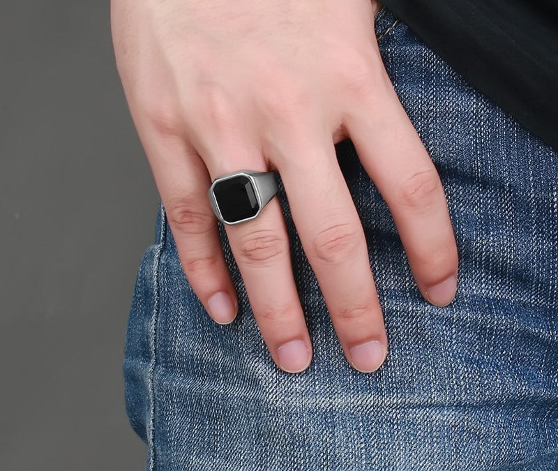 Modern Men’s Style – Stainless Steel Black Agate Geometric Ring - ZENTRION