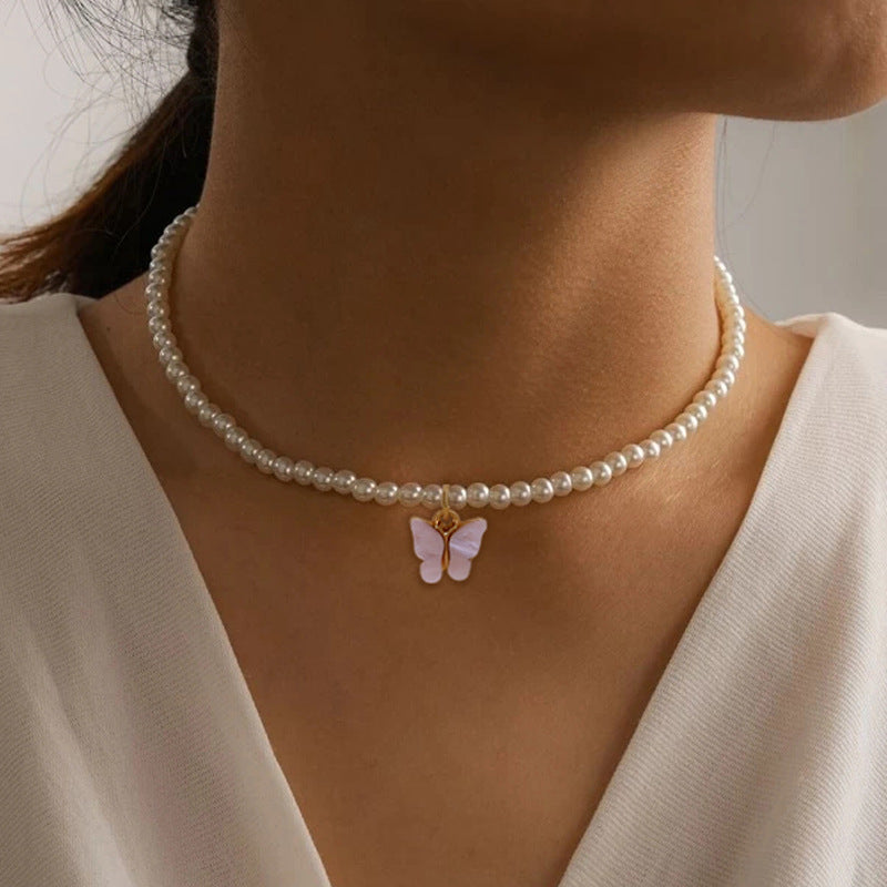 Elegant White Pearl Choker Necklace Small Round Pearl Wedding Butterfly Necklace For Women Charm Fashion Jewelry - ZENTRION