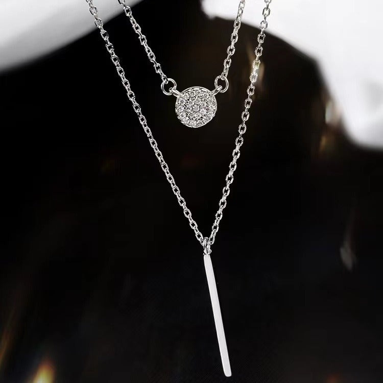 S925 Silver Color Double Chain Long Stick Micro Pave Zircon Round Pendant Necklaces For Women Trendy Jewelry - ZENTRION