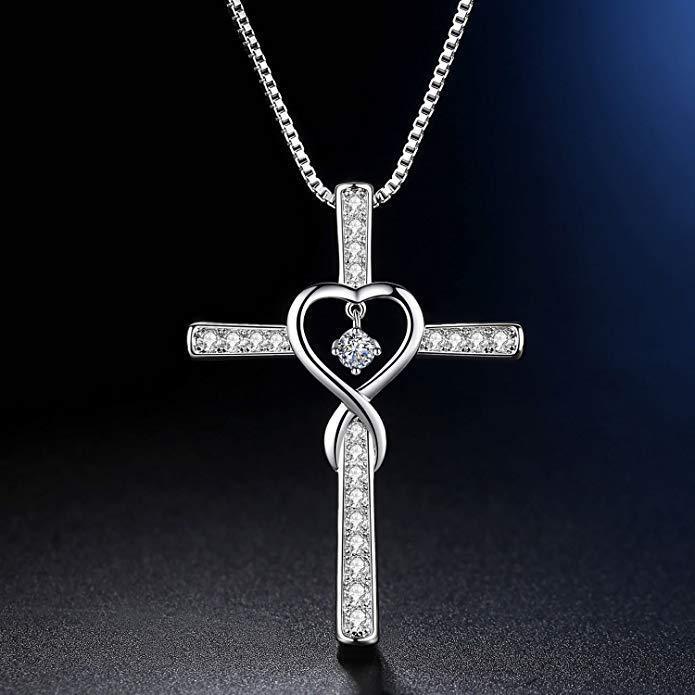 Infinity Love God We Trust Christian Cross Birthstone Crystal Pendant Necklace Colour Gems Zircon Heart Necklace Women Jewelry - ZENTRION