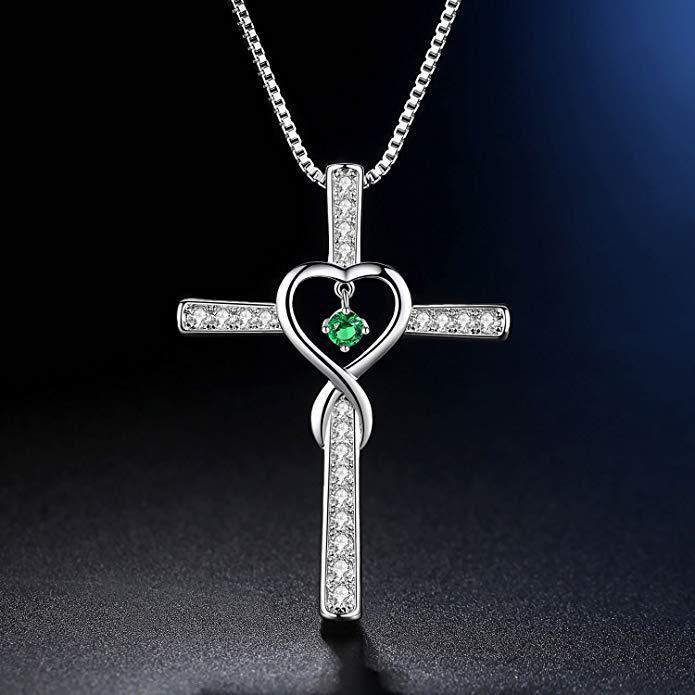 Infinity Love God We Trust Christian Cross Birthstone Crystal Pendant Necklace Colour Gems Zircon Heart Necklace Women Jewelry - ZENTRION