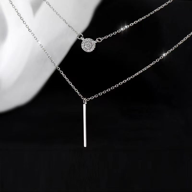 S925 Silver Color Double Chain Long Stick Micro Pave Zircon Round Pendant Necklaces For Women Trendy Jewelry - ZENTRION