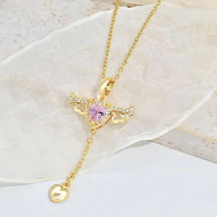 Moving Cupid Heart Angel Wings Tassel Necklace With Crystal Clavicle Chain Women Jewelry Gift Valentine's Day - ZENTRION