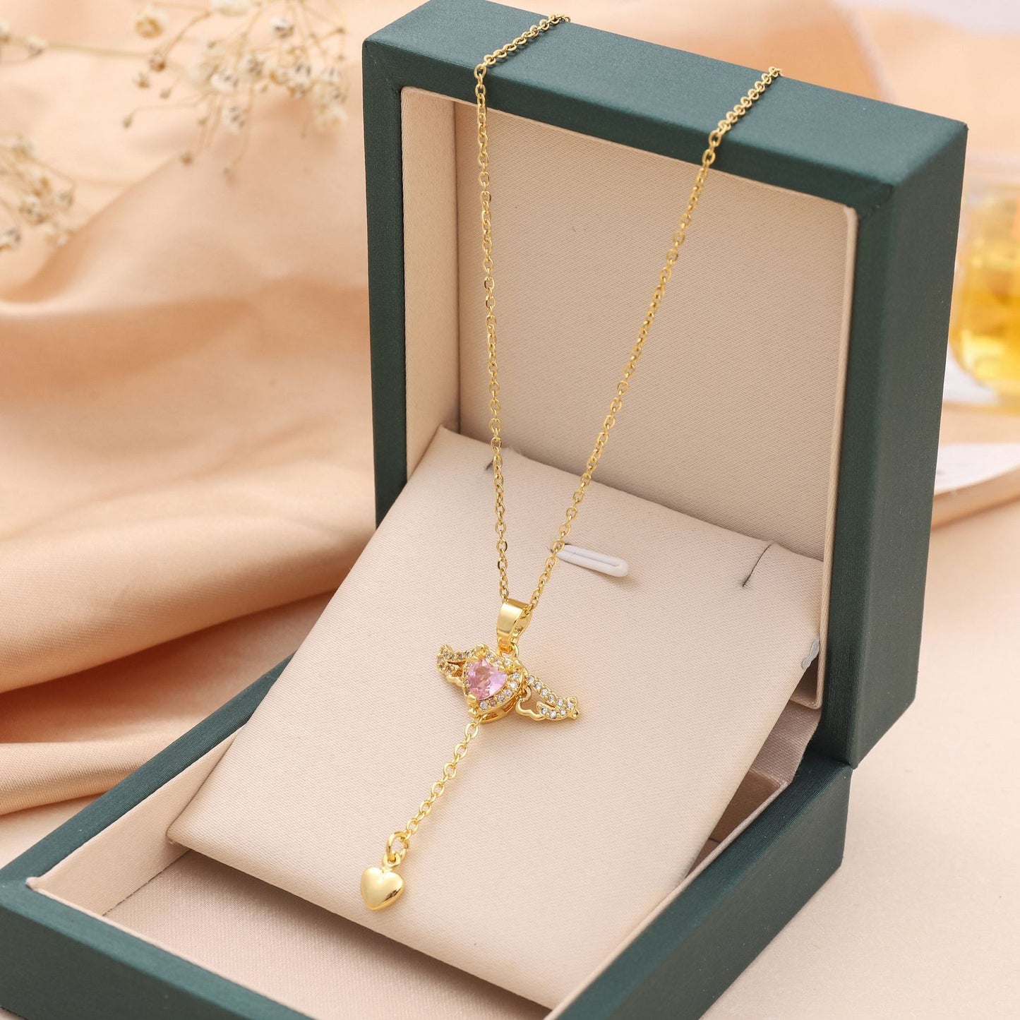 Moving Cupid Heart Angel Wings Tassel Necklace With Crystal Clavicle Chain Women Jewelry Gift Valentine's Day - ZENTRION