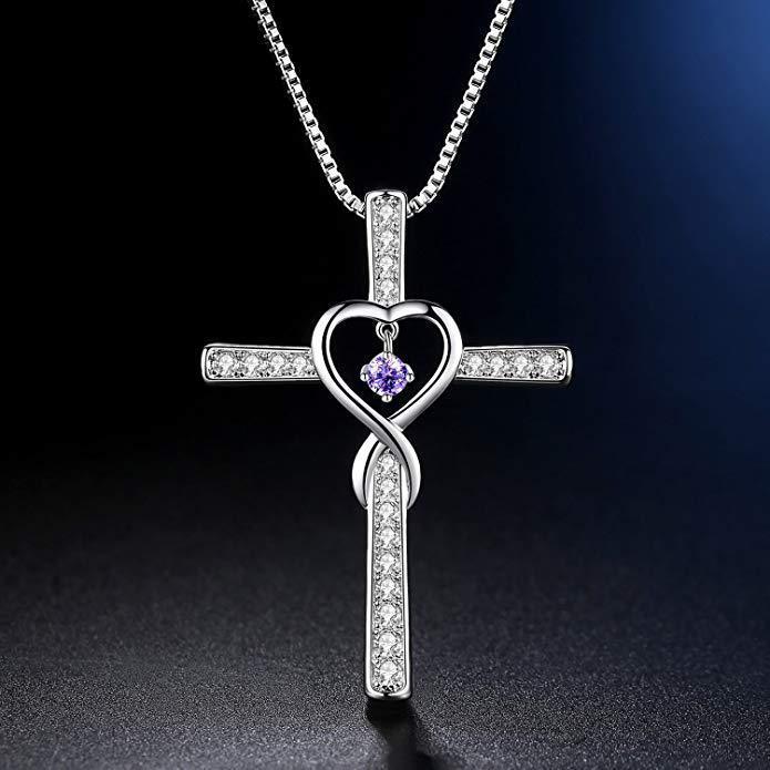 Infinity Love God We Trust Christian Cross Birthstone Crystal Pendant Necklace Colour Gems Zircon Heart Necklace Women Jewelry - ZENTRION