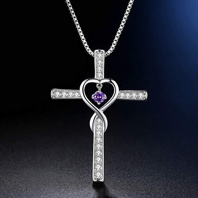 Infinity Love God We Trust Christian Cross Birthstone Crystal Pendant Necklace Colour Gems Zircon Heart Necklace Women Jewelry - ZENTRION