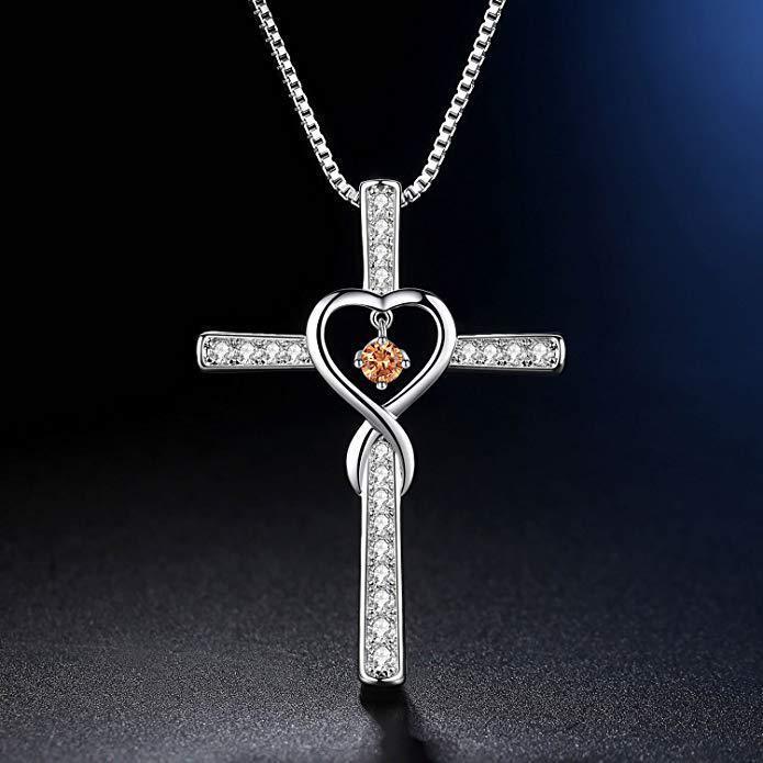Infinity Love God We Trust Christian Cross Birthstone Crystal Pendant Necklace Colour Gems Zircon Heart Necklace Women Jewelry - ZENTRION