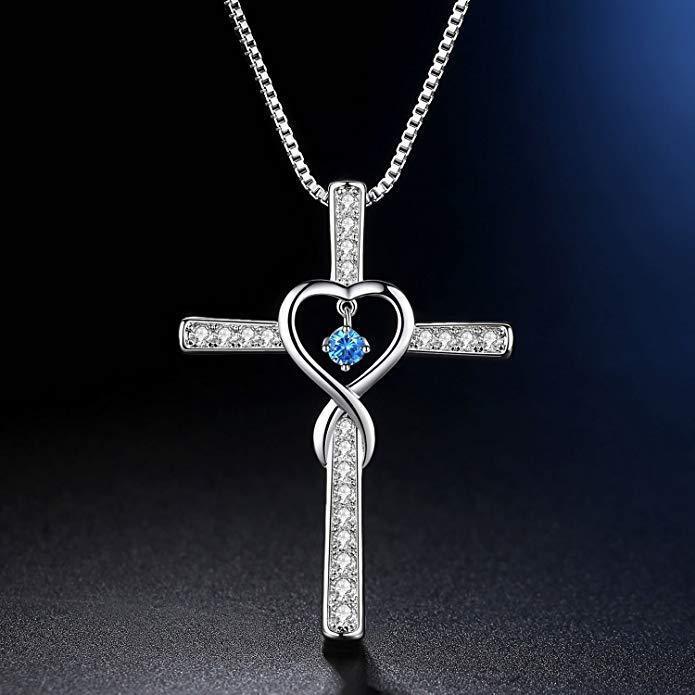 Infinity Love God We Trust Christian Cross Birthstone Crystal Pendant Necklace Colour Gems Zircon Heart Necklace Women Jewelry - ZENTRION