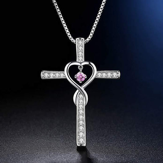 Infinity Love God We Trust Christian Cross Birthstone Crystal Pendant Necklace Colour Gems Zircon Heart Necklace Women Jewelry - ZENTRION