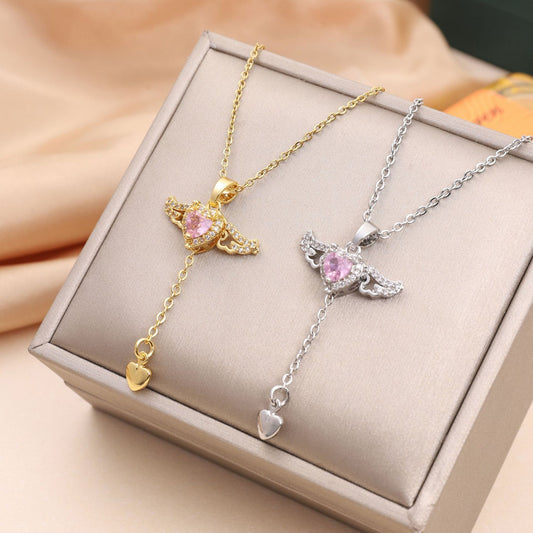 Moving Cupid Heart Angel Wings Tassel Necklace With Crystal Clavicle Chain Women Jewelry Gift Valentine's Day - ZENTRION