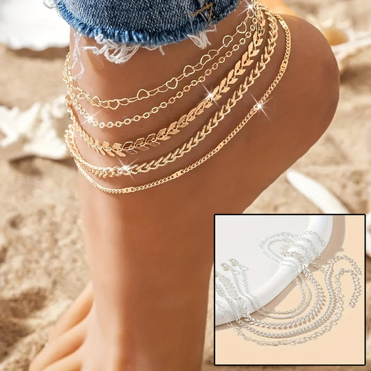 Summer Layers – 5-Piece Boho Chain Anklet Set for Women - ZENTRION