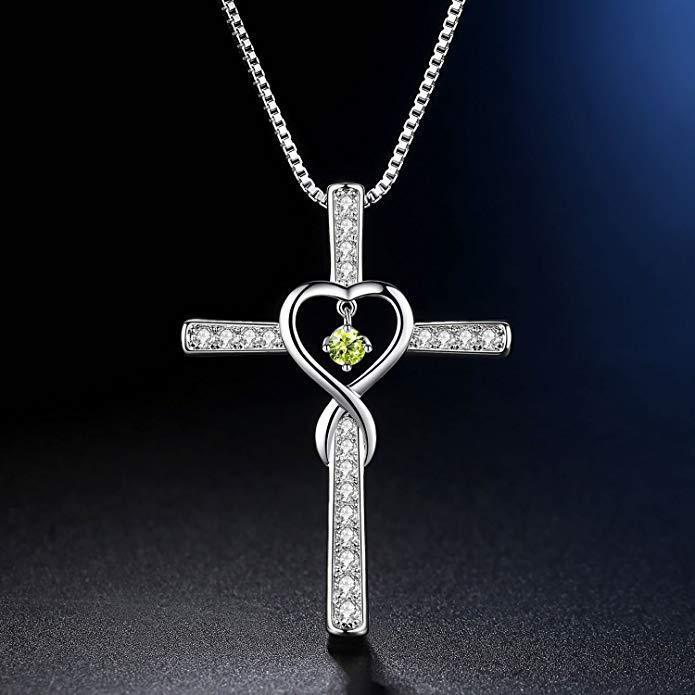 Infinity Love God We Trust Christian Cross Birthstone Crystal Pendant Necklace Colour Gems Zircon Heart Necklace Women Jewelry - ZENTRION