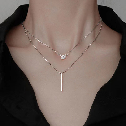 S925 Silver Color Double Chain Long Stick Micro Pave Zircon Round Pendant Necklaces For Women Trendy Jewelry - ZENTRION