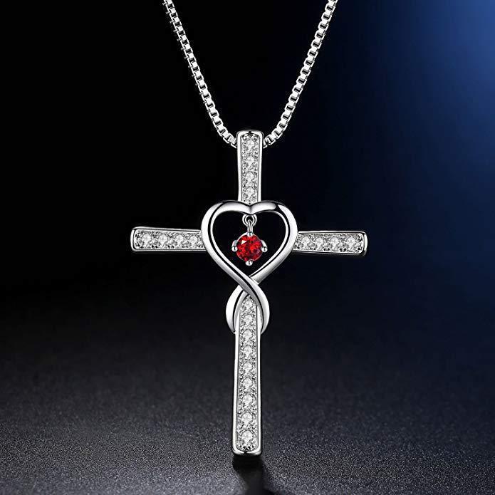 Infinity Love God We Trust Christian Cross Birthstone Crystal Pendant Necklace Colour Gems Zircon Heart Necklace Women Jewelry - ZENTRION