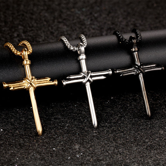 Steel Gold Black Color Fashion Mens Iron Nail Cross Pendant Necklace Stainless Steel 3mm Round Box Chain Jewelry Gift For Men - ZENTRION