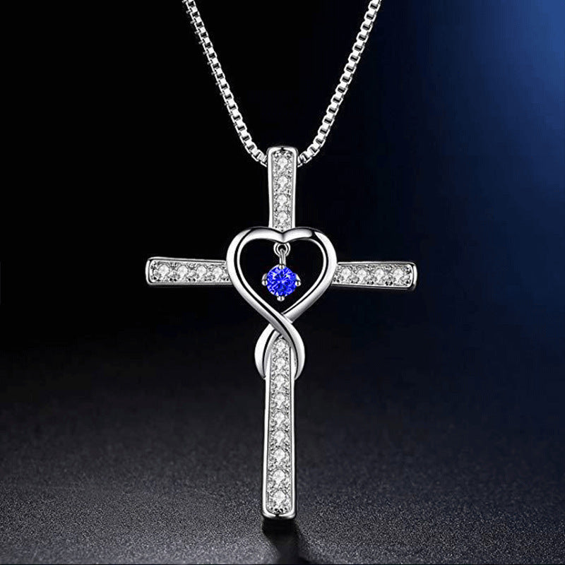 Infinity Love God We Trust Christian Cross Birthstone Crystal Pendant Necklace Colour Gems Zircon Heart Necklace Women Jewelry - ZENTRION